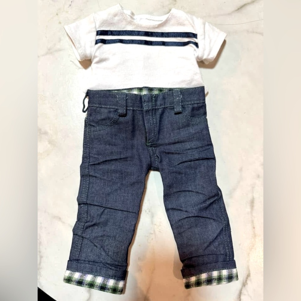 Outfit for 18” Doll - blue Denim Jeans and White top with stripe